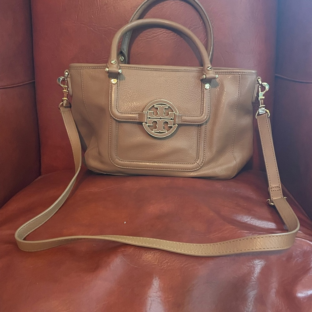 TORY BURCH Leather Top Double Handle Bag Purse - Beige Handbag with Logo